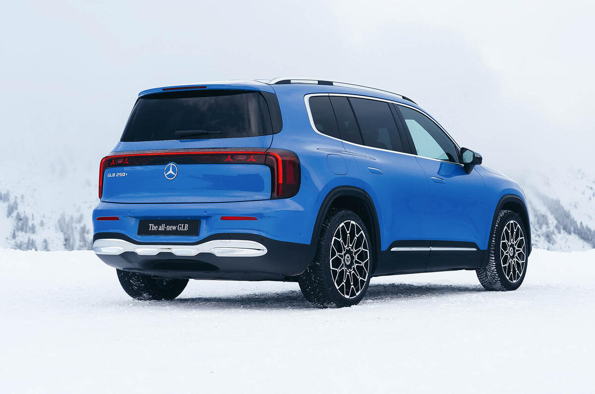 Rear angle of the new Mercedes-Benz GLB in blue