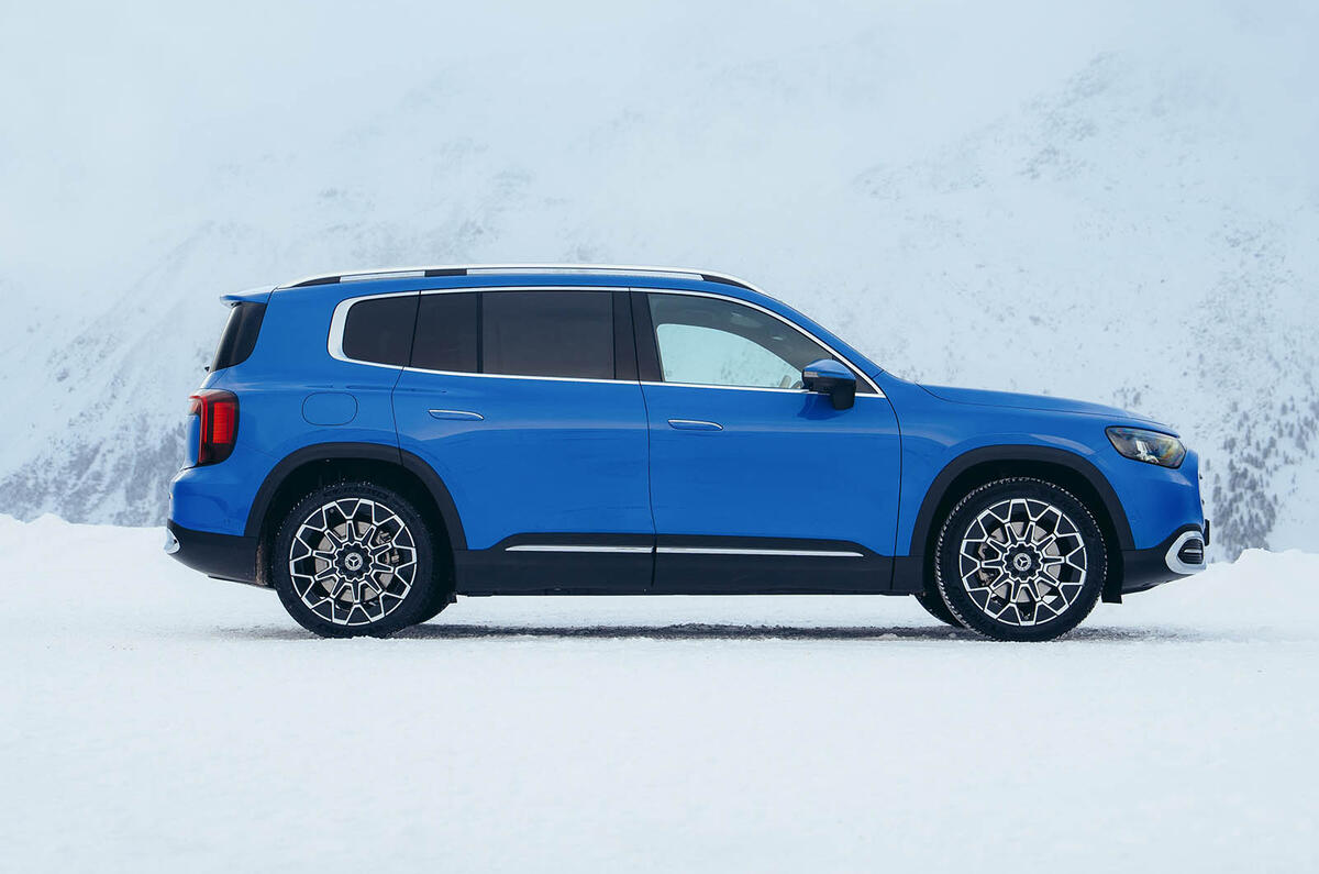 Mercedes-Benz GLB in blue, parked on snow